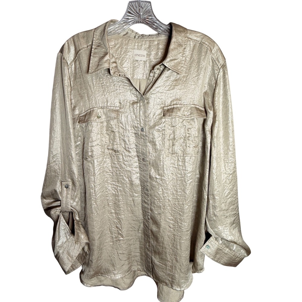 Chico's Gold Shimmer Button-Up‎ Shirt Women's Size 3 Roll Tab Sleeve Holiday